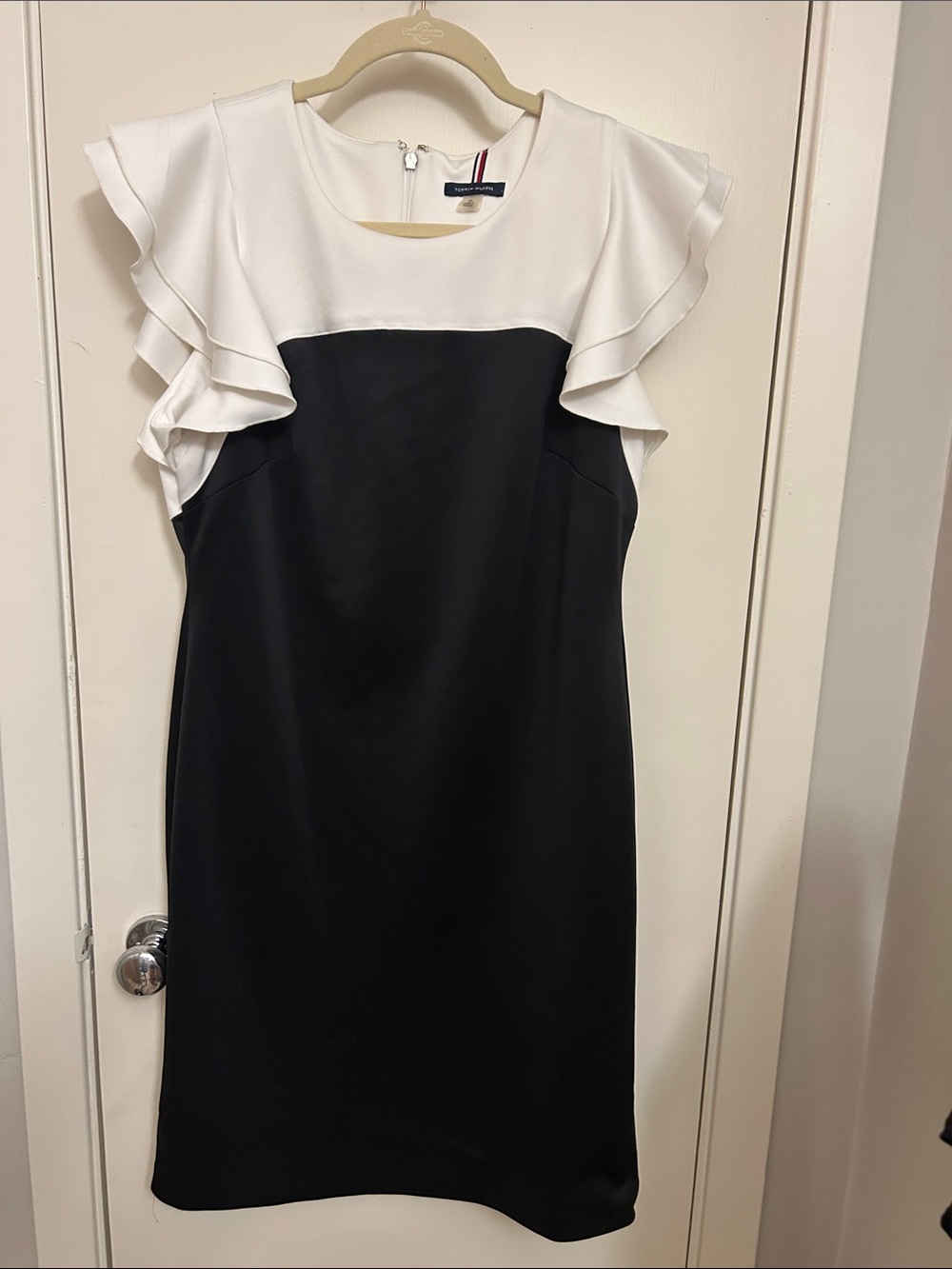 Tommy Hilfiger Black and White Ruffle-Shoulder Midi Dress